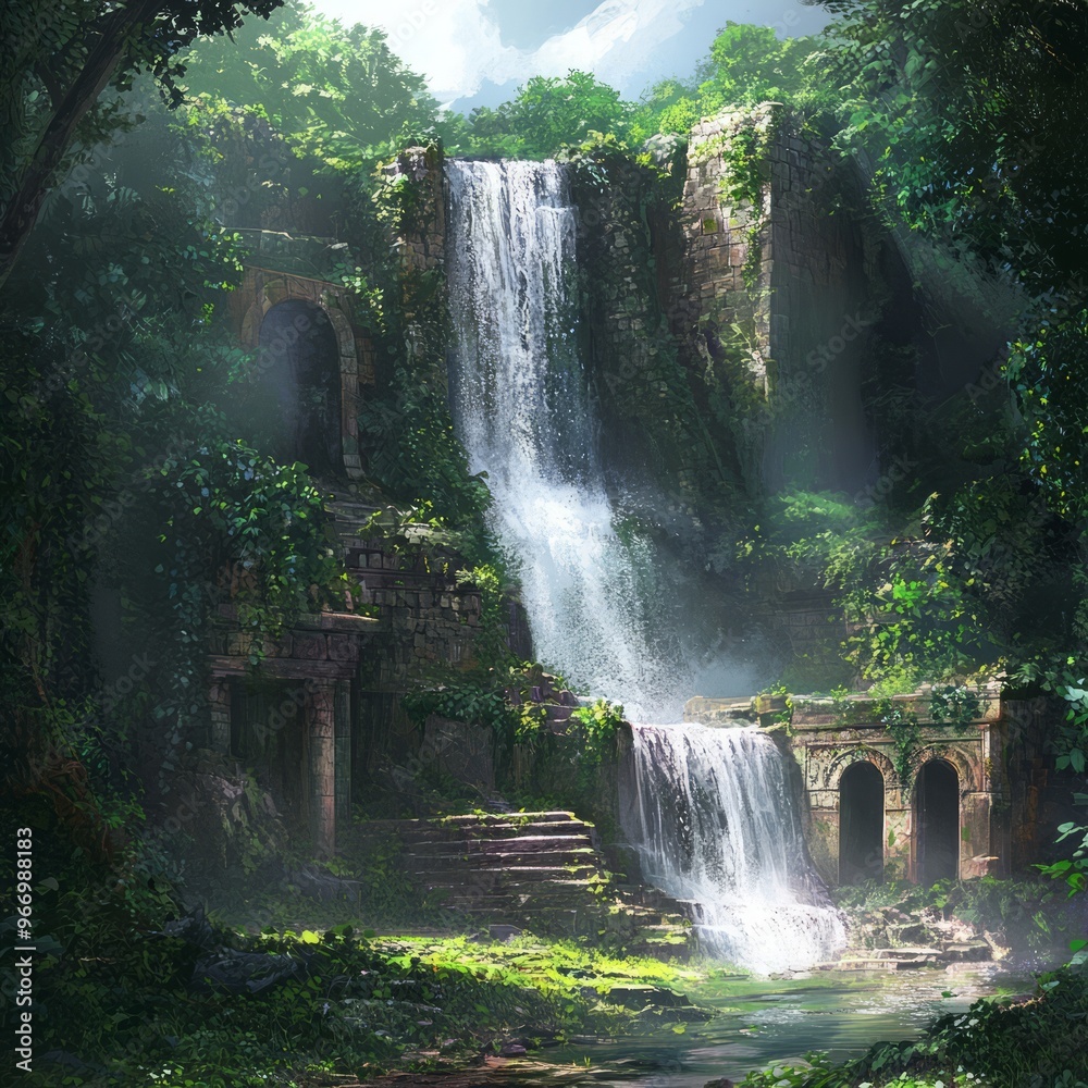 Sticker A cascading waterfall flows over ancient ruins, creating a serene and mystical scene in a lush green jungle.