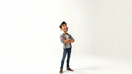 Confident smiling cartoon man standing on white background, positive and cheerful successful male character, happy and confident cartoon person.