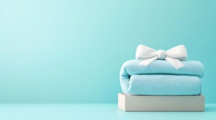 Soft blue towel gift wrapped with a white ribbon on a clean, serene background, perfect for home decor or spa themes.