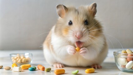 Cute hamster eating vitamins.Adorable pet rodent to present and advertise your veterinary projects.
