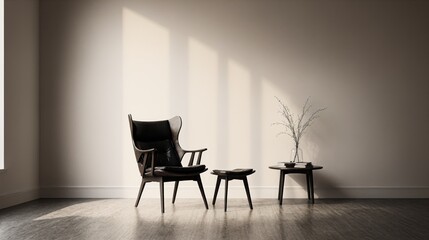Generative AI, Minimalist living space with a sleek armchair, matching ottoman, and small side table in soft natural light