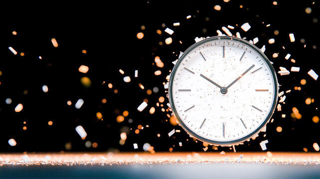 A dramatic image of a clock exploding into countless particles, symbolizing the passage of time and the fleeting nature of moments. 
