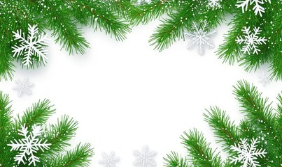 Fir Tree Frame Border with Snowflakes, Christmas Background Vector Illustration for Greeting Card