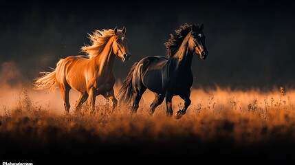 Brown and black horses running in a field at night