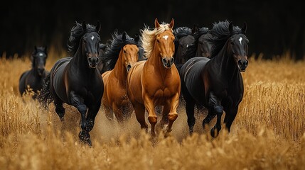 Obraz premium Brown and black horses running in a field at night