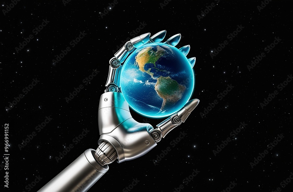 Canvas Prints silver robotic hand gripping a small, illuminated planet earth, floating in a black void with scatte