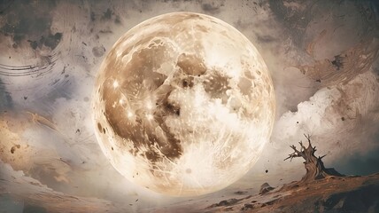 Fototapeta premium Rustic orange grungy full moon in a spooky Halloween night sky, creating a cinematic and mysterious vibe. Made with generative AI technology