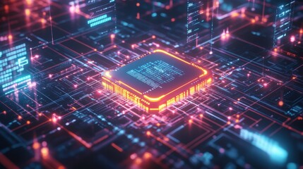 A central 3D data processing unit icon with glowing neon edges, surrounded by floating holographic charts, graphs, and analytics symbols, in a high-tech environment with data lines crisscrossing the