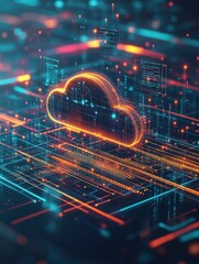 A sleek 3D illustration of a data cloud icon with multiple layers of glowing lines and dots representing data flow, accompanied by floating transparent analytics graphs and charts