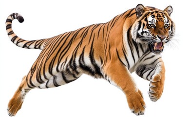 Obraz premium Vibrant PNG illustration of a tiger in mid-jump, highlighting nature's wildlife.