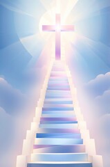 Soft pastel stairway to heaven with a glowing cross at the top, symbolizing the path to salvation, created with generative AI technology