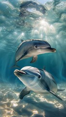 Fototapeta premium A serene underwater portrait of a mother dolphin and her calf swimming gracefully near the seafloor