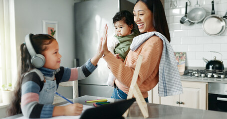 Tablet, education and child high five with mom for online learning, school project and math lesson....