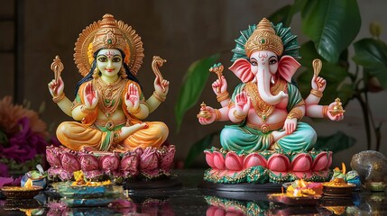 Lakshmi and Ganesha Statues, Hindu Deities