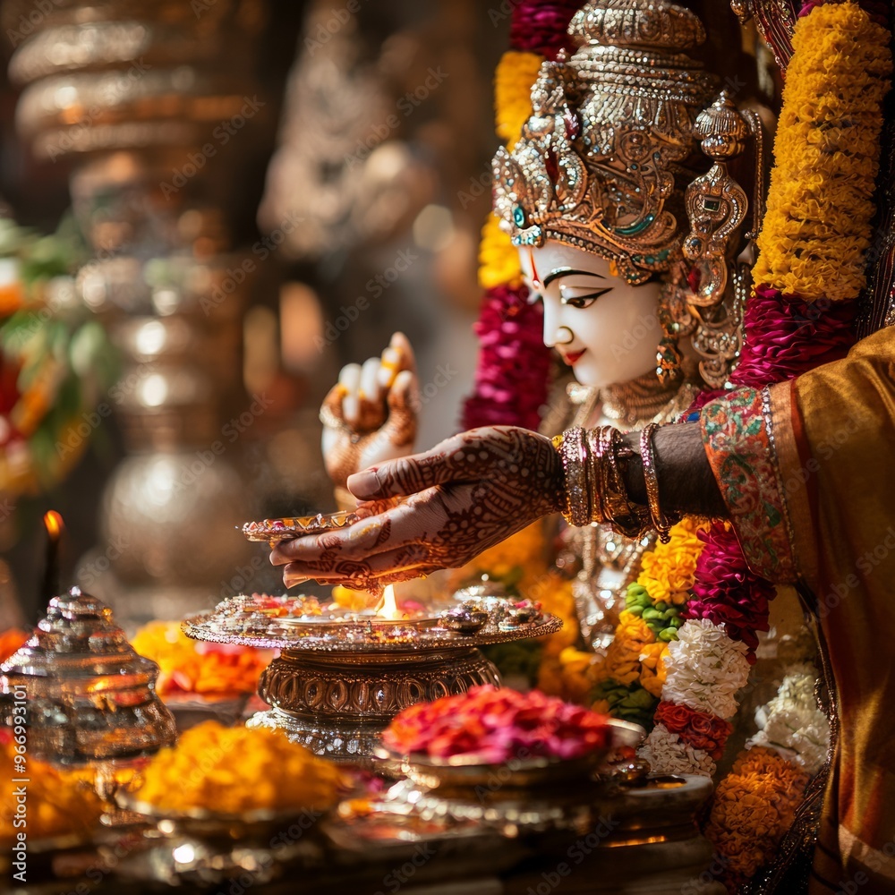 Canvas Prints A close-up of a hand holding a lit flame in front of a deity, surrounded by flowers and offerings.