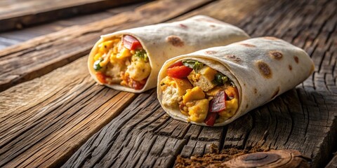 Tasty breakfast burrito on wooden planks with forced perspective
