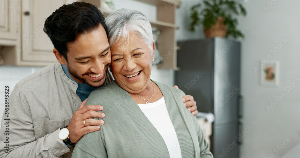 Canvas Prints Home, senior mother and son with hug for care, comfort and assurance with bonding together in kitchen. Happy people, elderly mom and man with embrace for mothers day, support and expression of love