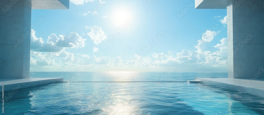 Poster a stunning depiction of the ocean and clear skies featuring a 3d render of a stage over the water