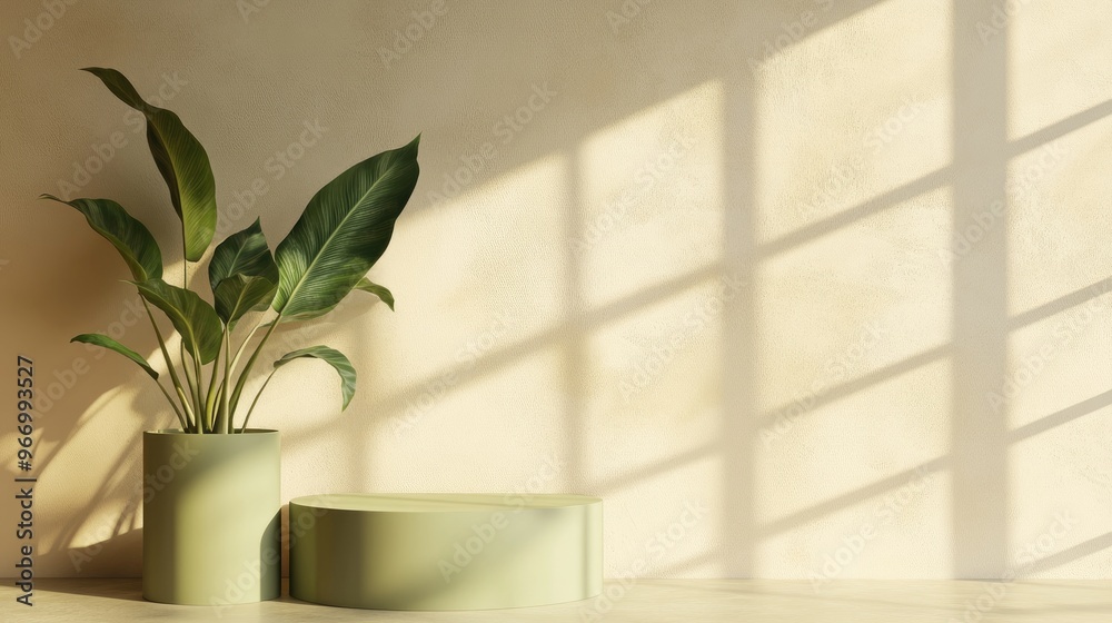 Poster calathea plant on beige wall 3d render of a green cylinder podium in an empty mockup setting
