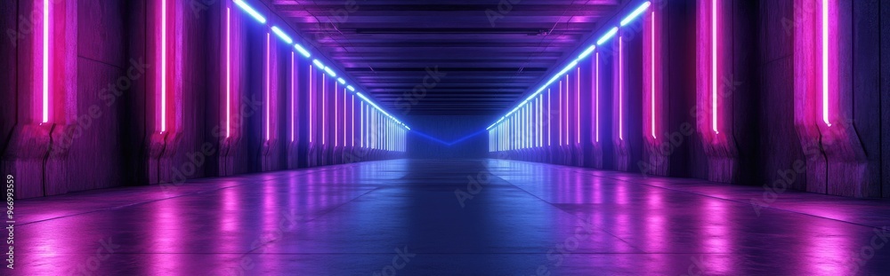 Poster large retro futuristic sci fi hangar with neon lights and laser effects in purple and blue featuring