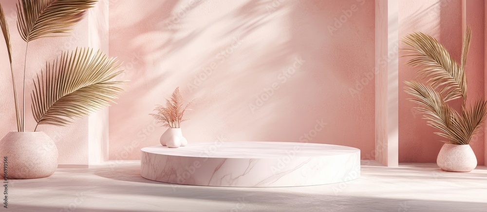 Poster exhibition podium and stand set against a soft pastel architectural background for showcasing premiu