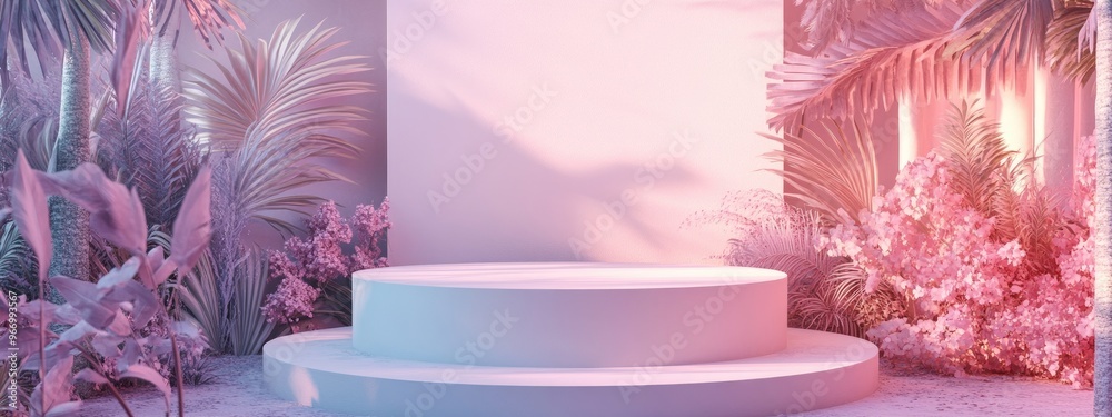 Aufkleber Exhibition podium and stand showcased against a soft pastel architectural backdrop for high end products 3D render Subtle botanical elements with shadowing on the wall create a trendy frame ideal
