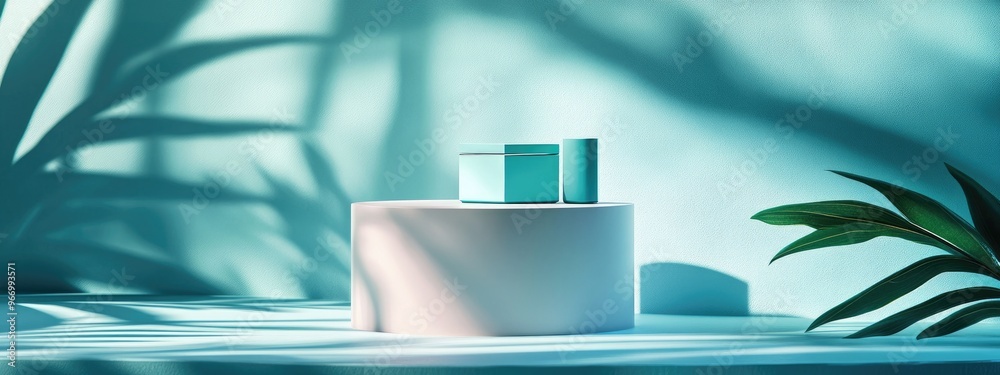 Poster Cosmetic backdrop for product branding and packaging display featuring geometric square shapes on a podium stage with leaf shadow effects