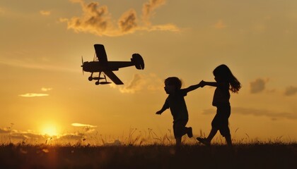Dreams of Flight: Children Chase Sunset with Toy Plane, Hoping to Soar as Pilots and Astronauts