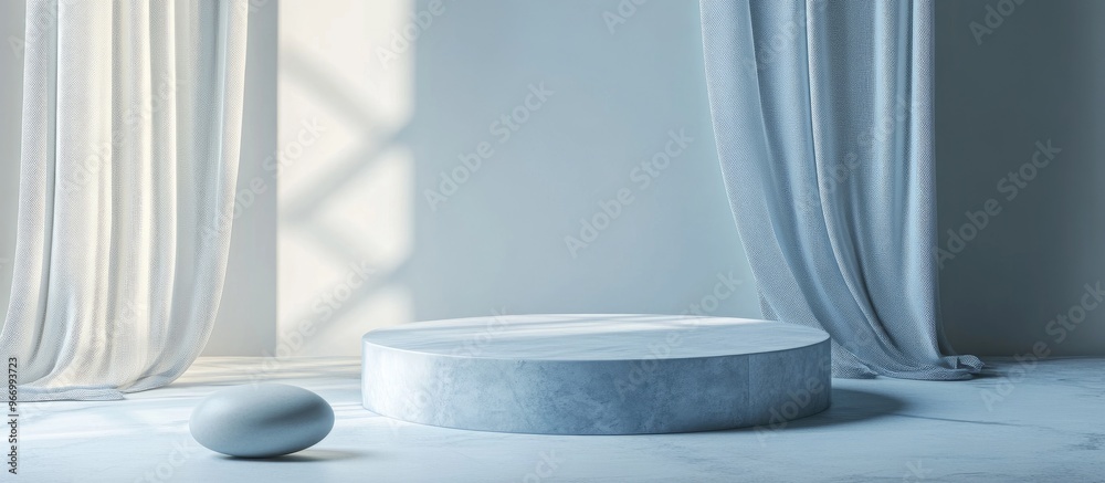 Poster Product podium on a soft background featuring 3D abstract minimal geometry Represents a studio stand platform and serves as a theme for exhibitions and business marketing presentations 3D renderin