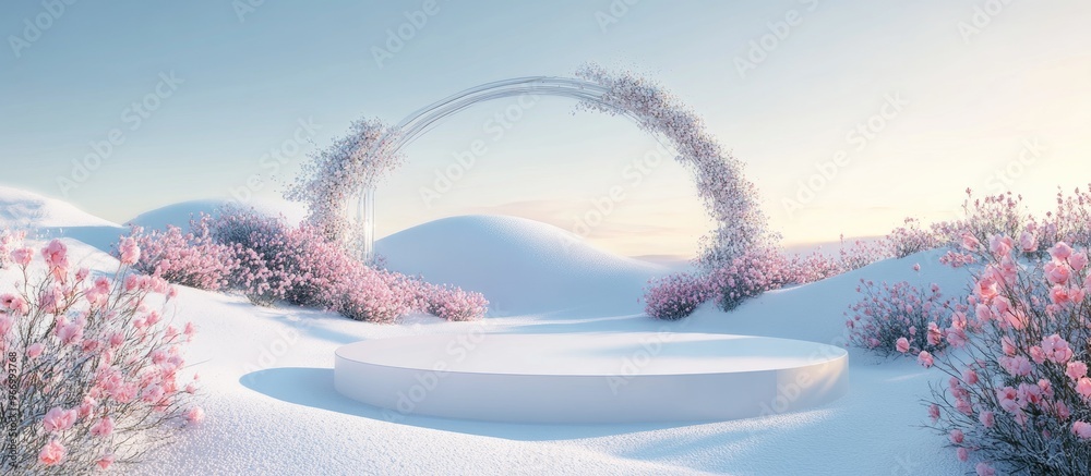 Poster abstract 3d rendering featuring a natural setting a white podium on snowy terrain surrounded by a fl