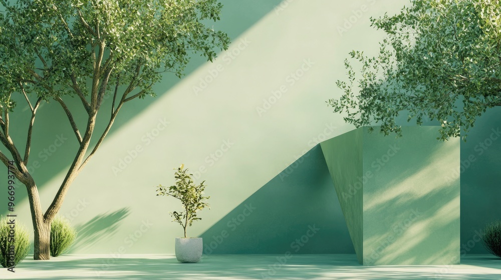 Poster Minimalistic 3D rendering of a geometric shape in a natural green setting Illustration