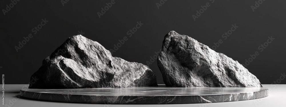 Poster Black and white textured stone podium with abstract rock elements for product display in a 3D rendering background