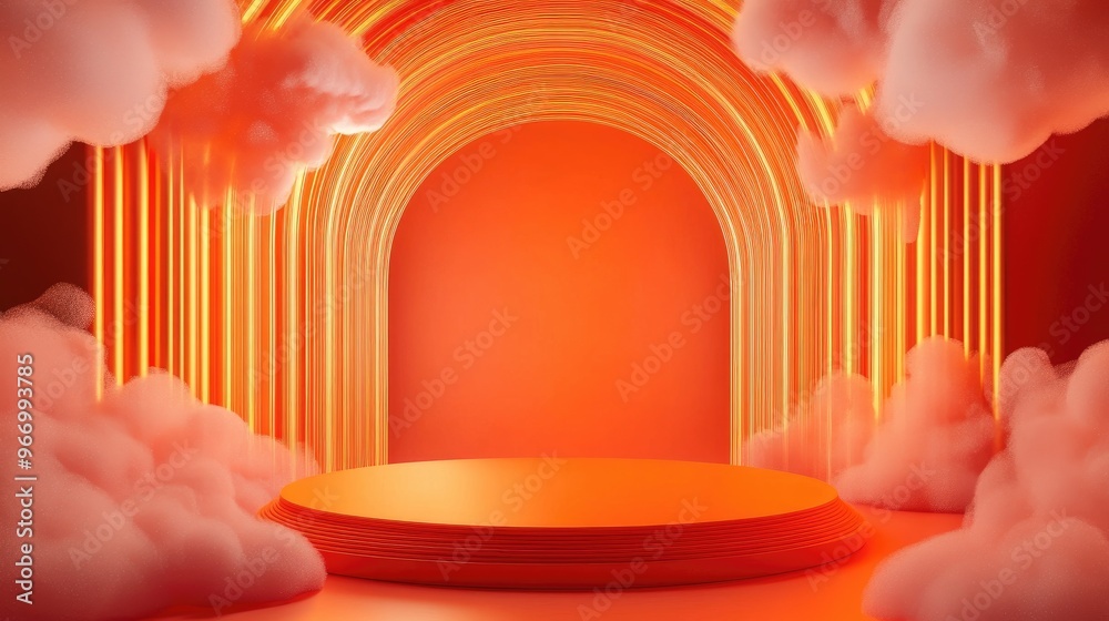 Poster Neon orange and bright red 3D rendered display podium with abstract cloud shapes and golden lines in a luxurious minimalist composition featuring a cylindrical platform