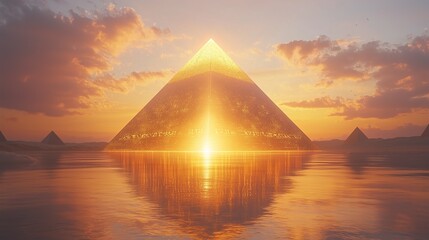 A transparent glass 3D podium surrounded by glowing hieroglyphics, set in front of the Great Pyramid at sunset, with a golden glow illuminating the scene