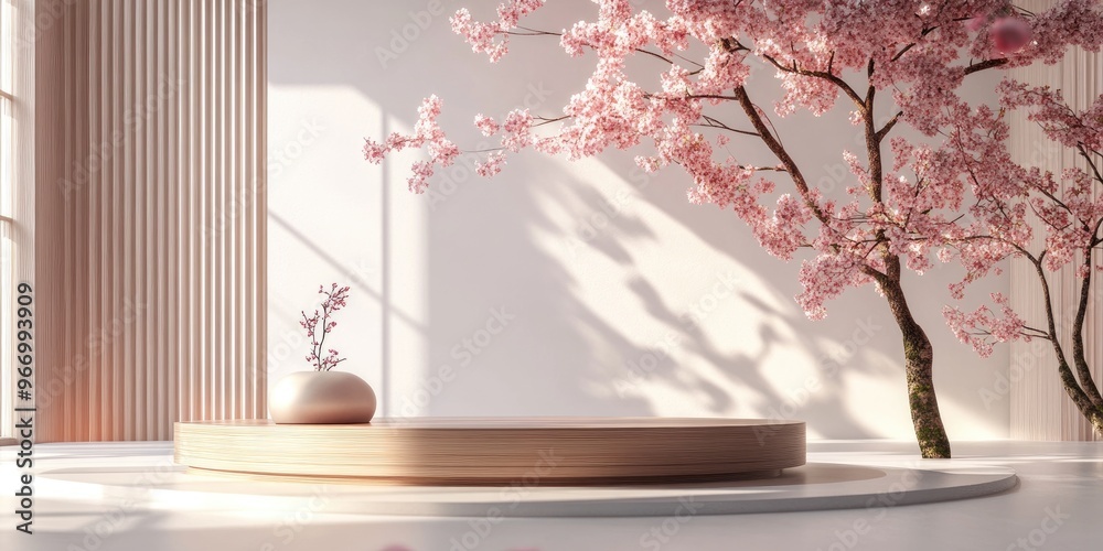 Poster Japanese style architecture with a cherry blossom tree and a podium against a white background for product presentation 3D rendering illustration