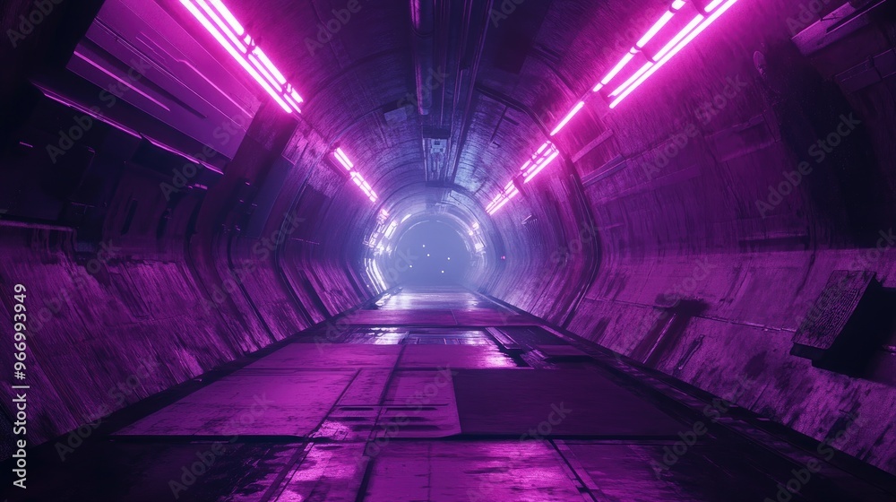 Poster Vivid Alien Spaceship with Neon Lasers in a Cyberpunk Stage Setting Featuring a Glowing Tunnel Corridor in a Realistic Sci Fi Futuristic Dark Concrete Grunge Environment 3D Rendering Illustration