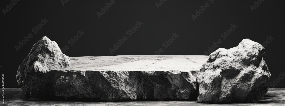 Poster Black and white textured stone podium with abstract rock elements for product display in a 3D rendering background