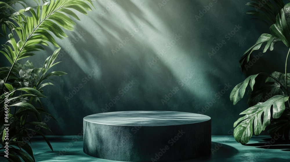Aufkleber Minimal abstract summer backdrop featuring a 3D dark green concrete podium illuminated by lights and the shadows of plants designed for branding and product showcases 3D rendering of a natural ston