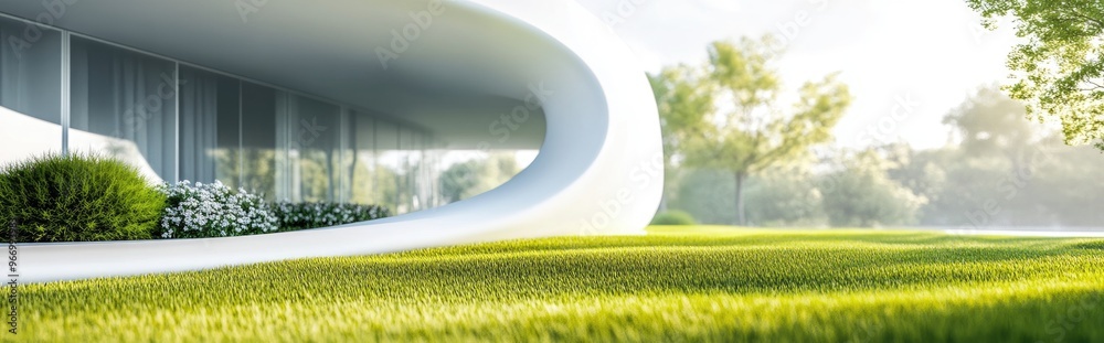 Poster abstract architectural background featuring a white curved structure alongside grassy landscaping re