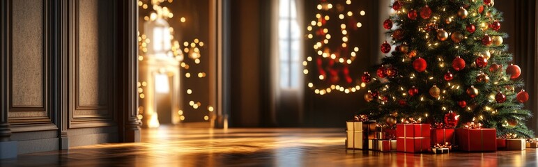 Fototapeta premium Christmas themed background featuring a decorated tree and a display stage for showcasing products in 3D