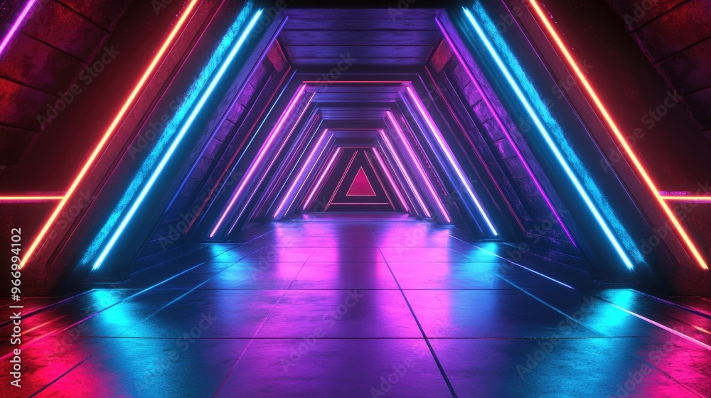 Poster vibrant laser triangle podium in purple red and blue with neon fluorescent effects in a sci fi futur