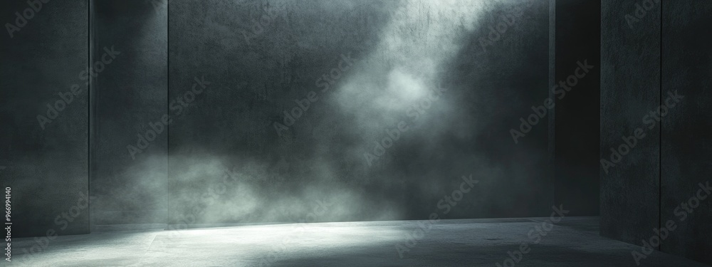 Poster Dimly lit interior space featuring walls and floor with concentrated textures enveloped in fog and mist 3D rendering