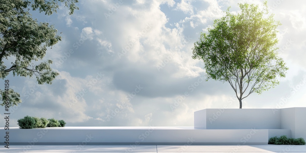 Aufkleber blurry sky above podium with white wall and tree 3d rendering