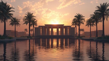 A modern 3D podium with sleek lines, hovering above the Nile River with Egyptian temples and palm trees reflected in the water under a soft sunset