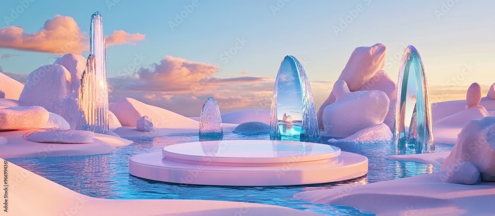 Aufkleber surreal landscape rendered in 3d featuring a circular podium surrounded by water and vibrant sand th