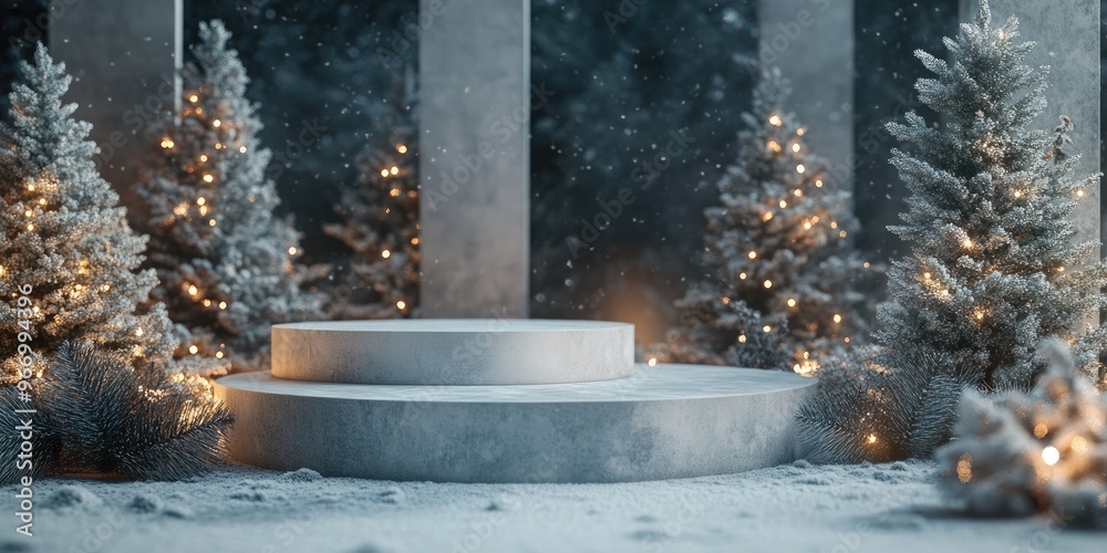 Poster Christmas backgrounds featuring a podium stage in a minimal New Year event theme A festive scene suitable for product display mock up banners with an empty pedestal decor set in a winter setting 3D