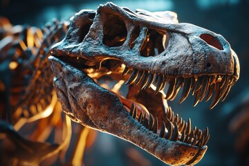 A dinosaur skeleton with a large mouth and sharp teeth