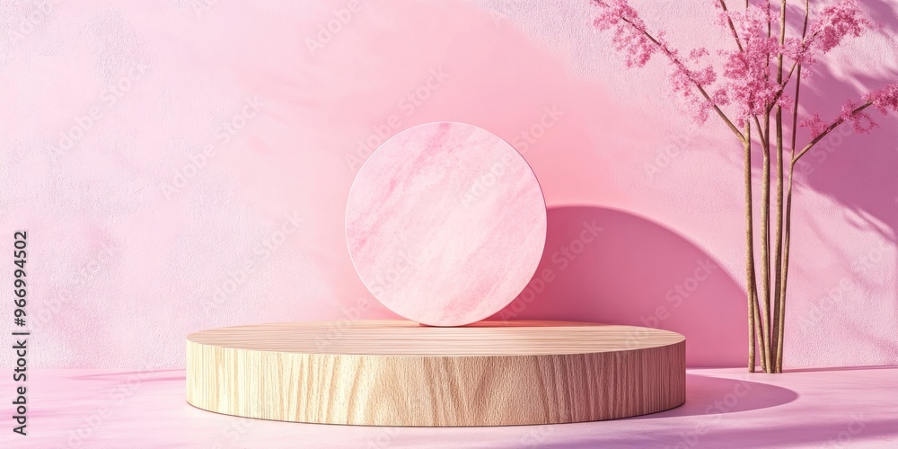 Poster pink geometric shapes on a wooden cylindrical podium abstract pastel background decorative elements 