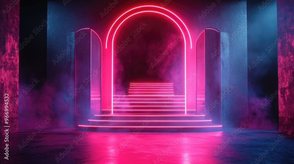 Poster neon lit stage backdrop 3d rendering