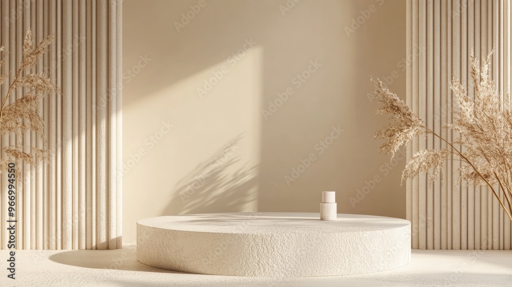 Poster Beige abstract minimalistic setting featuring a podium with geometric shapes 3D rendering suitable for cosmetic product display